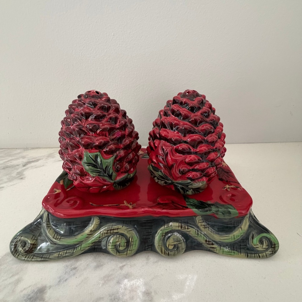 Tracy Porter Winter Collection Red Pinecone Salt and Pepper Shakers with Tray